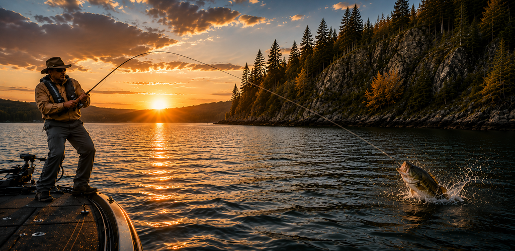 Angler fighting a jumping fish from a boat at sunset.