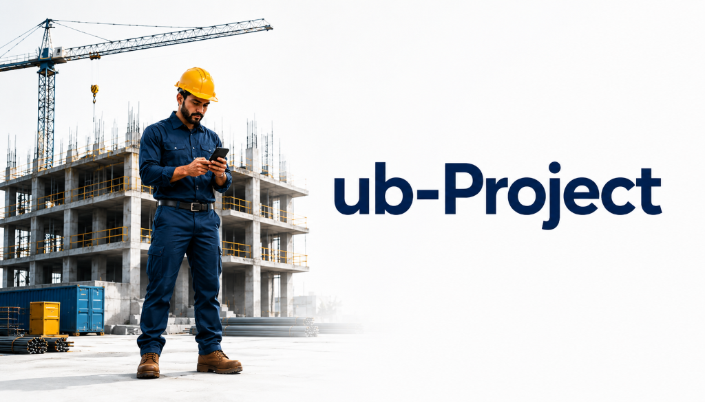 Contractor using a cell phone in front of a building under construction.