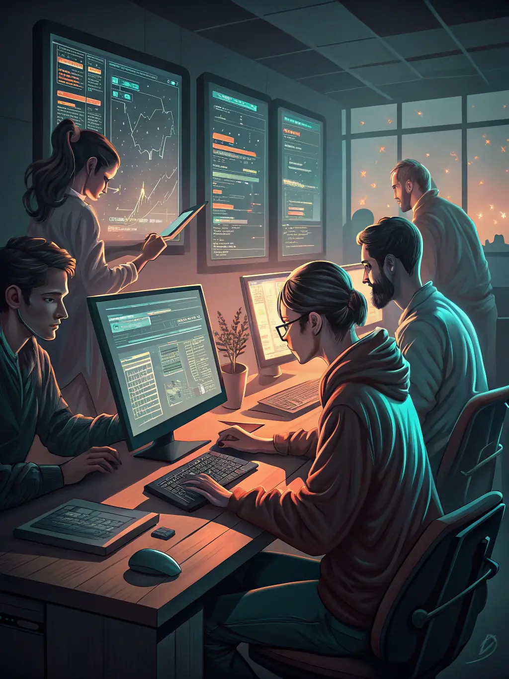 A digital illustration depicting a team of professionals collaborating seamlessly on a project using a job management platform, with interconnected devices and data flowing smoothly.