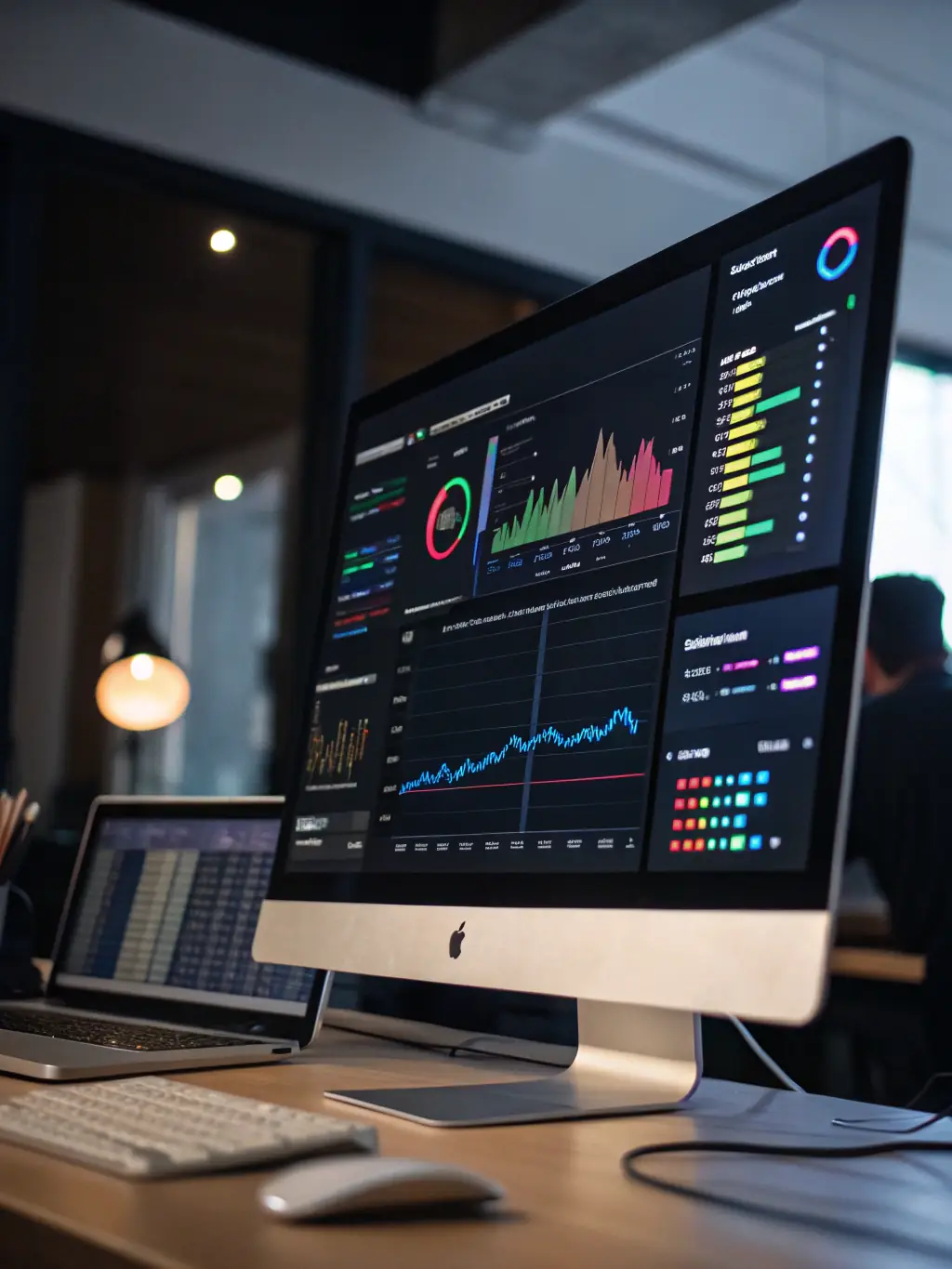 A professional-looking report being generated on a laptop screen, showcasing data visualization and key performance indicators.